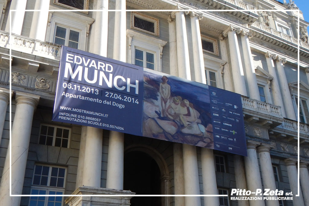 Allestimento esterno mostra Munch, Palazzo Ducale, Genova. Stampa e montaggio stendardo.